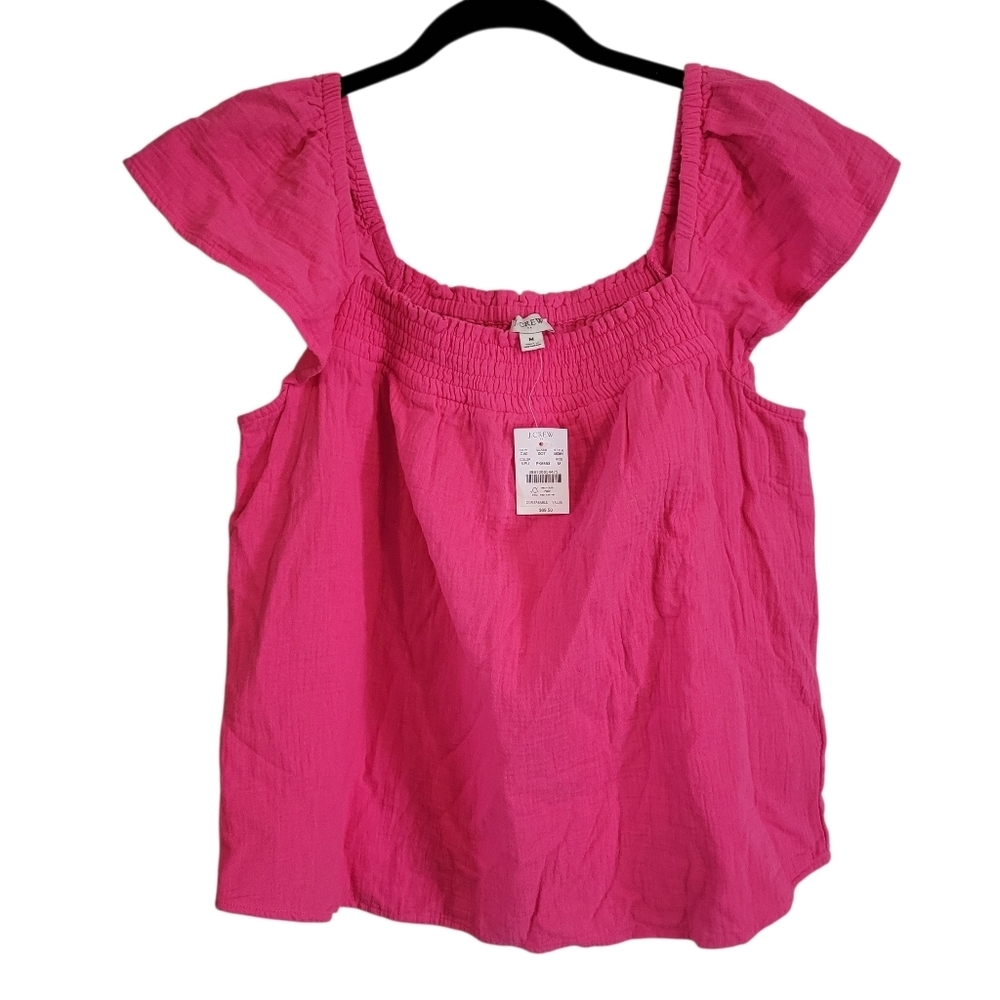 J. Crew Factory Hot Pink Smocked Square-Neck Cotton Top
